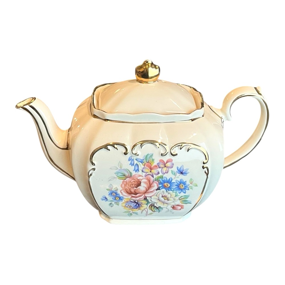 Vintage 1940s Sadler England Cube Teapot Pink Yellow Blue Roses Gold Trim #2997